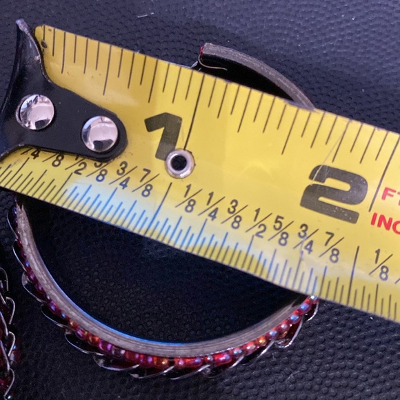 Black Metal Hoop pierced Earrings with attached Red beads & chain - Picture 6 of 6